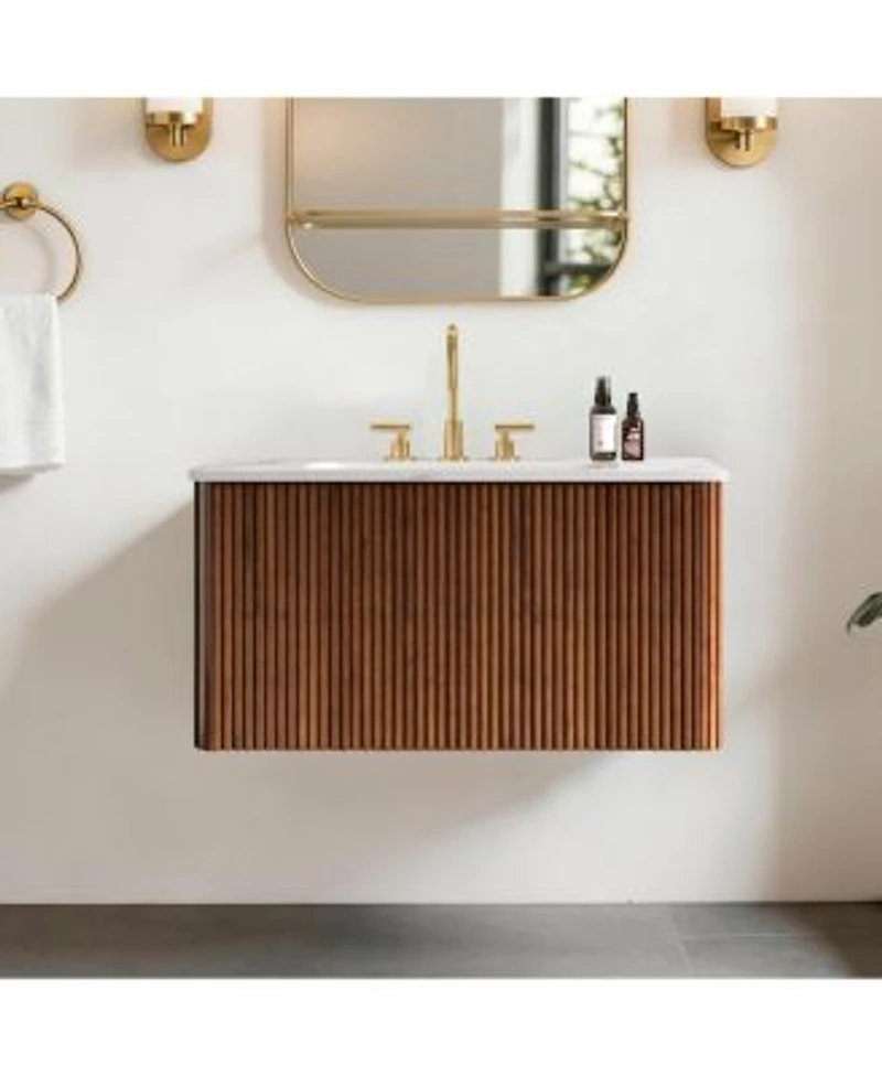 Sillysis 30 Modern Wall Mounted Bathroom Vanity With Carrara Integrated Ceramic Sink Push Open Walnut Striped Storage Drawer