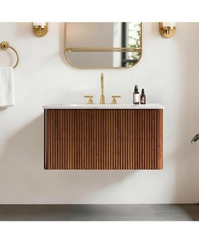 Sillysis 30 Modern Wall Mounted Bathroom Vanity With Carrara Integrated Ceramic Sink Push Open Walnut Striped Storage Drawer
