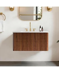 Sillysis 30 Modern Wall Mounted Bathroom Vanity With Carrara Integrated Ceramic Sink Push Open Walnut Striped Storage Drawer