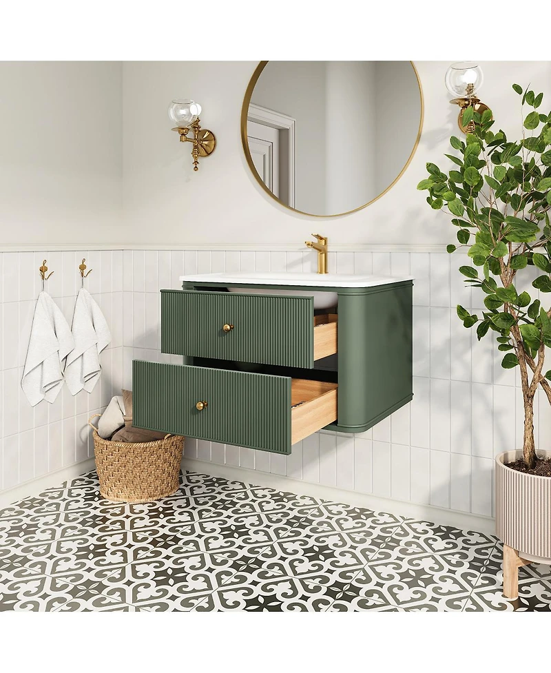 Sillysis 30" Wall-Mounted Bathroom Vanity with Acrylic Sink, Soft Close Drawers, Striped Cabinet, Two Handle Options