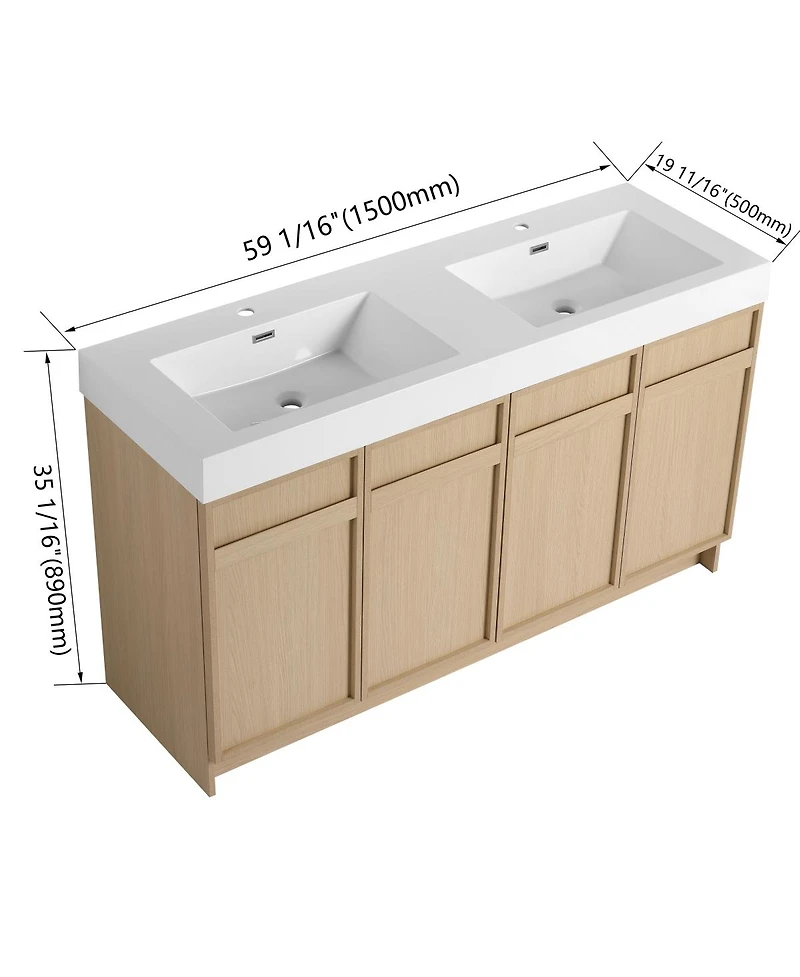 Sillysis 59 Inch Modern Double Sink Bathroom Vanity with Resin Basin, Soft Close Doors, Ample Storage and Adjustable Shelves
