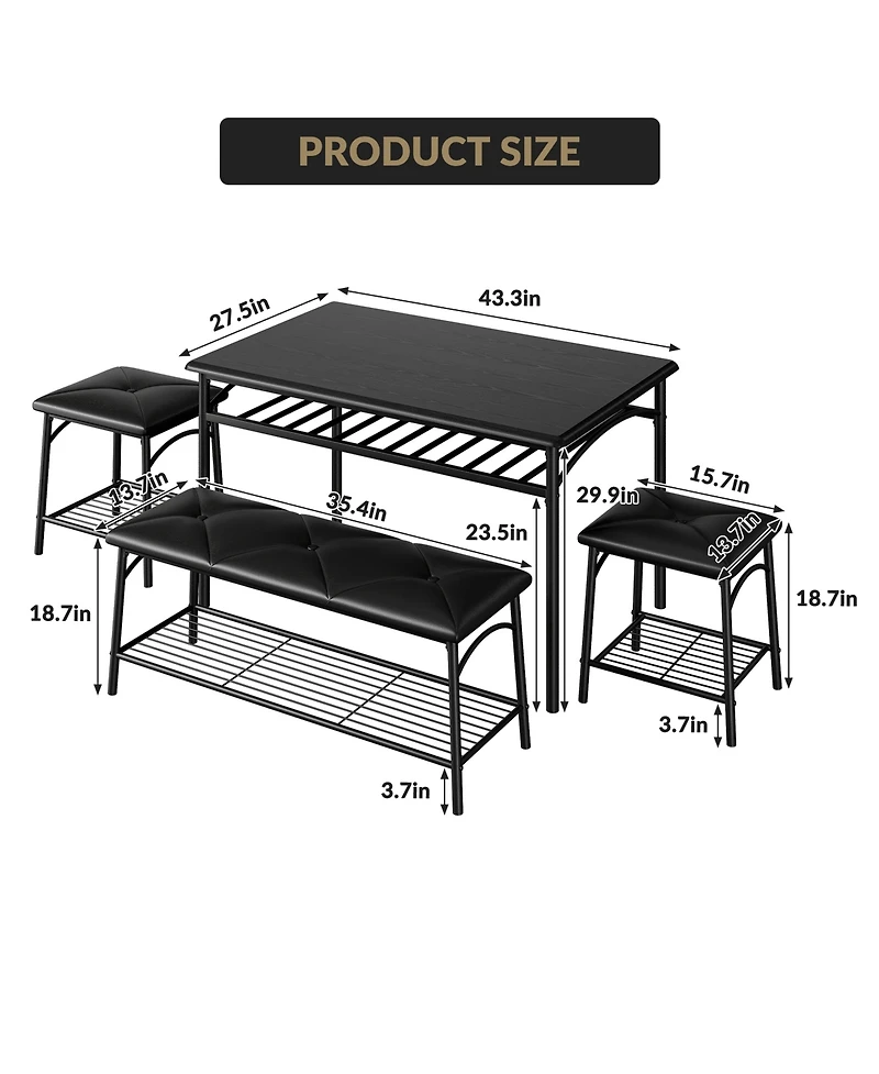 homfan 4-Piece Storage Dining Set, Pu Padded Bench and Stools, Space Saving Engineered Wood Kitchen Furniture