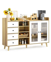 homfan 55" Farmhouse Coffee Bar with Storage and Adjustable Shelves, Buffet Sideboard Cabinet with Glass Doors and Open Shelves for Dining Room