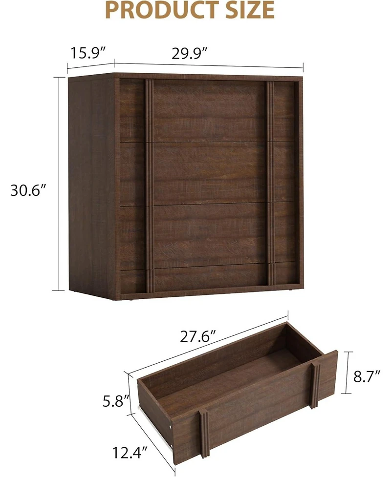 homfan 3-Drawer Red-Brown Storage Cabinet Modern Nightstand with Vertical Handle for Bedroom or Living Room