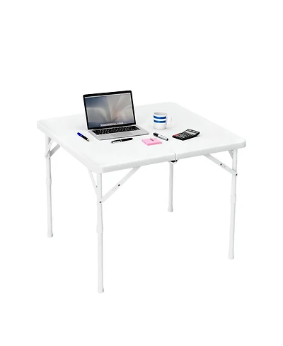 homfan Folding Computer Desk, 34 Inch White Portable Card Table with Adjustable Height and Handle for Home or Office