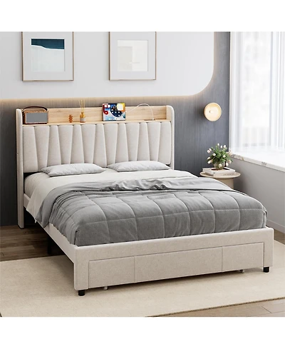 homfan Queen Upholstered Bed Frame with Storage Headboard, Charging Station and Drawer, Platform Bed with Wood Slats