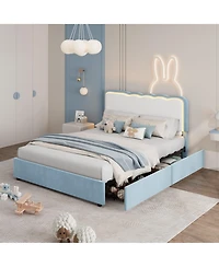 homfan Full Upholstered Led Bed Frame with 2 Storage Drawers, Velvet Platform Bed with Wavy Headboard, Wood Slat Support
