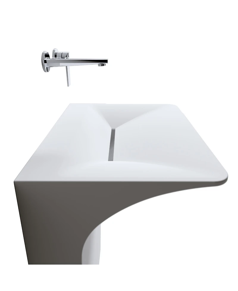Midola Modern Wall-Mounted Solid Surface Pedestal Sink Bathroom Vanity, One-Piece Floating Bathroom Vessel Sink with Hidden Linear Drain