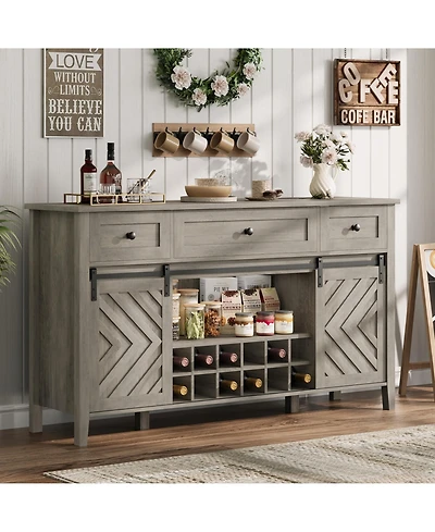 homfan 59 Inch Farmhouse Sideboard Buffet with Sliding Barn Door, 3 Drawers, Removable Wine Rack and Adjustable Shelf for Dining Room, Kitchen