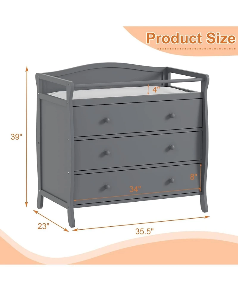 gaomon Wooden Diaper Changing Table, Baby Diaper Changing Station Infant Nursing Table with 3 Drawers, Safety Rail and Strap