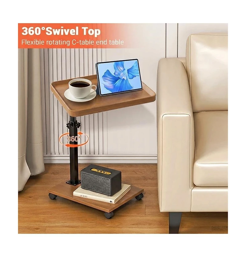 gaomon C Shaped End Table with Wheels, 360degree(s)Swivel Sofa Side Table, Wooden Accent Tv Tray for Living Room and Bedroom, Small Places