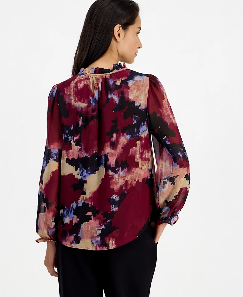Bar Iii Women's Ruffle Tie Neck Long-Sleeve V-Neck Blouse, Macy's Exclusive