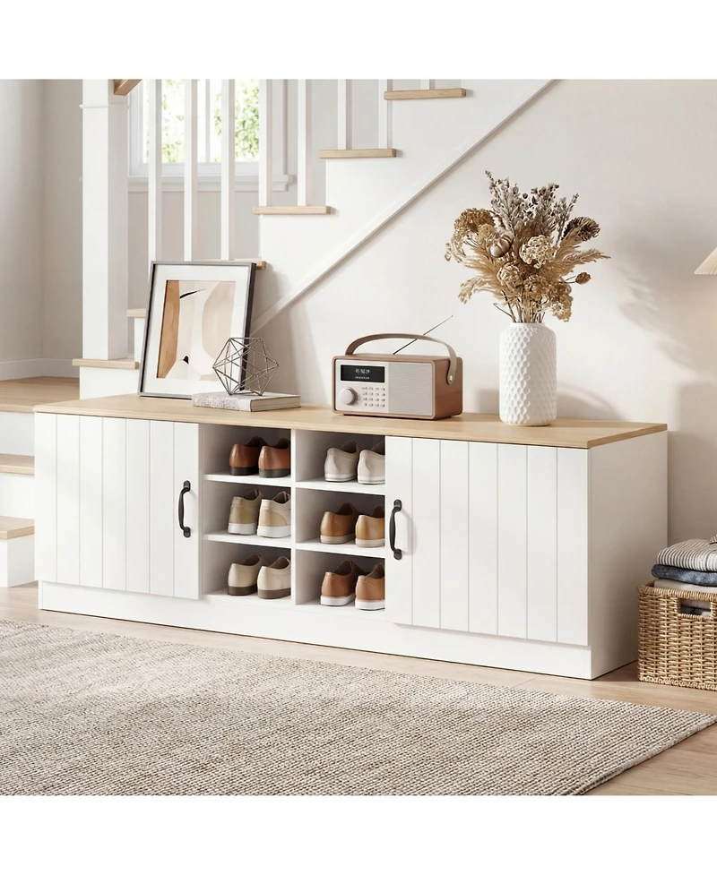 Slickblue Entryway Shoe Cabinet Bench with Adjustable Shelves and 2-Door Storage
