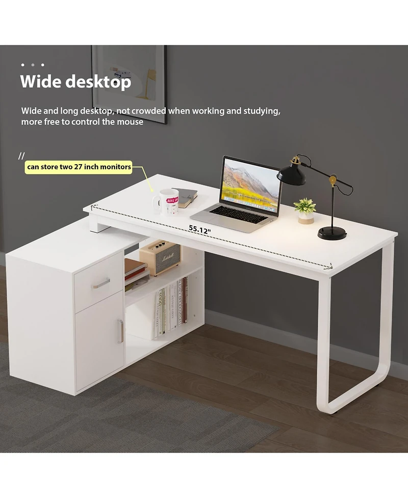Homsee Corner Desk with Storage - L-Shaped Computer Table and Cabinet Combo Writing Desk with Drawer and Shelves