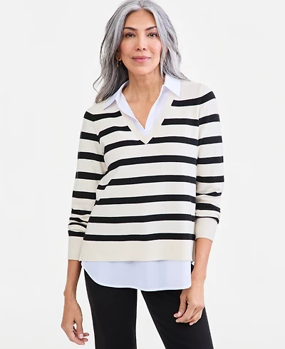 Style & Co Petite Stripe Collared Neck Long-Sleeve Sweater, Macy's Exclusive