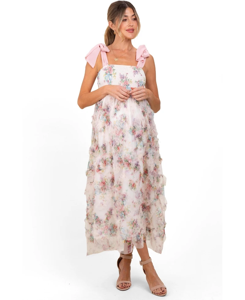 Pinkblush Maternity Cream Floral Smocked Shoulder Tie Ruffled Midi Dress