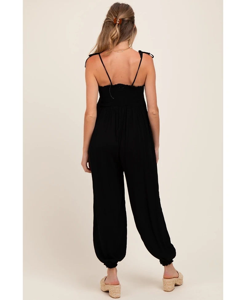 Pinkblush Maternity Black Smocked Button Front Shoulder Tie Jumpsuit