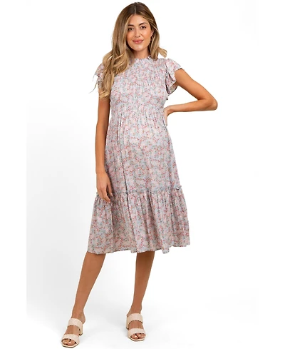 Pinkblush Maternity Light Blue Floral Mock Neck Smocked Ruffe Sleeve Midi Dress