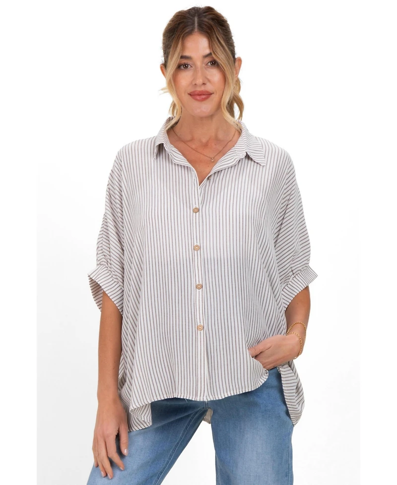 Pinkblush Maternity Brown Striped Boxy Button Down Top