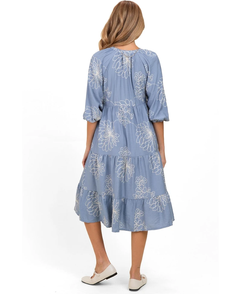 Pinkblush Maternity Blue Embroidered Tiered Midi Shirt Dress