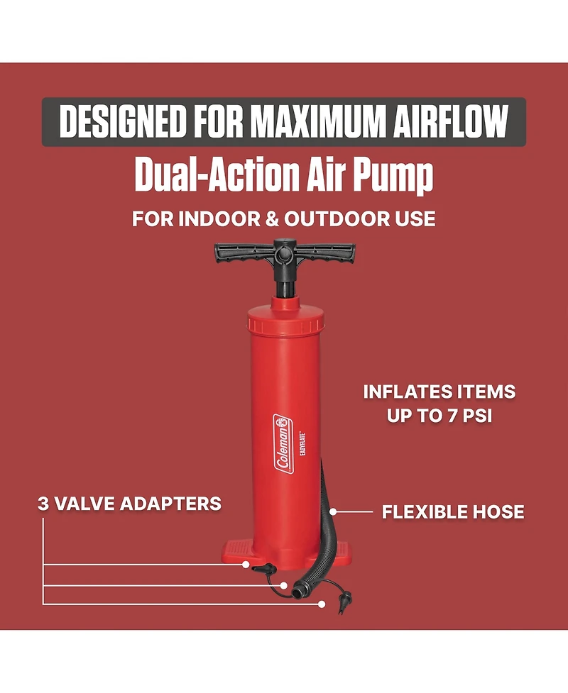Coleman EasyFlate Dual-Action Manual Air Pump, Hand Pump Inflator with Adapters