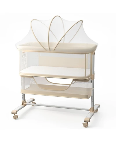Kinder King Baby 3-in-1 Bassinet Bedside Sleeper with Adjustable Height, Mosquito Net and Wheels