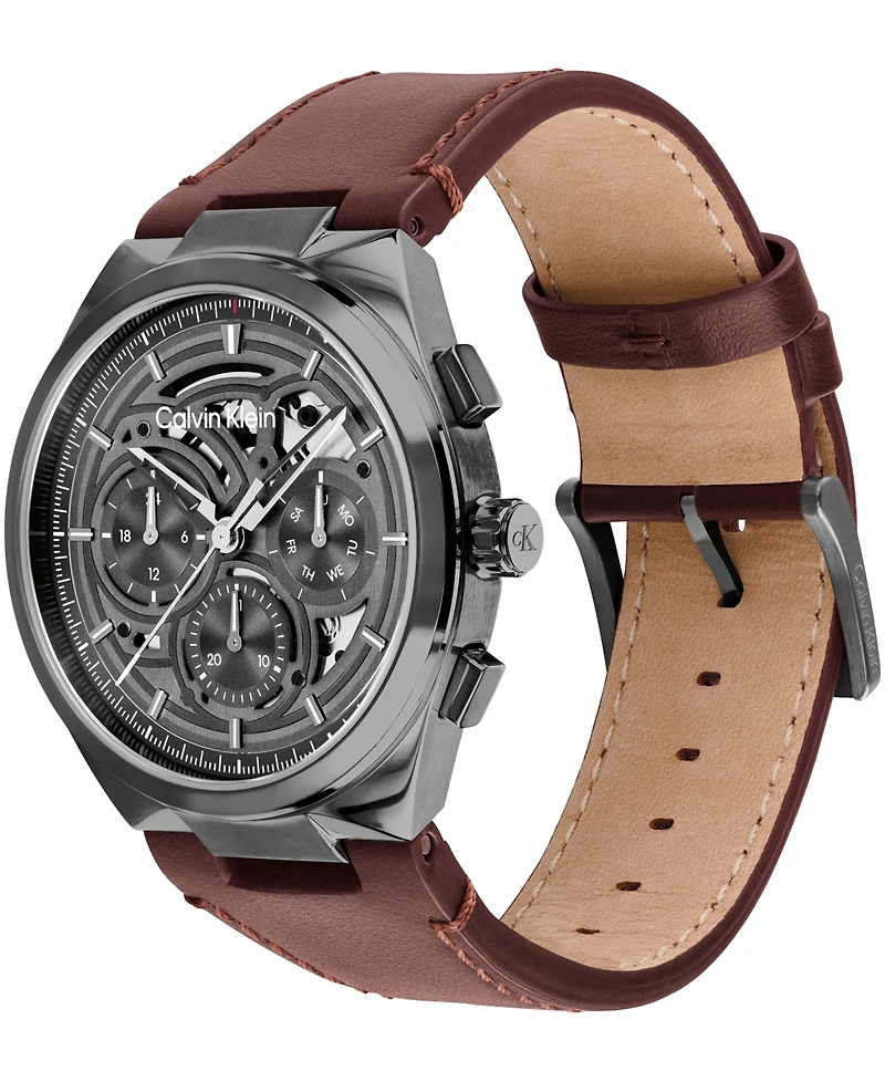 Calvin Klein Men's Distinguish Skeleton Dark Brown Leather Strap Watch 44mm