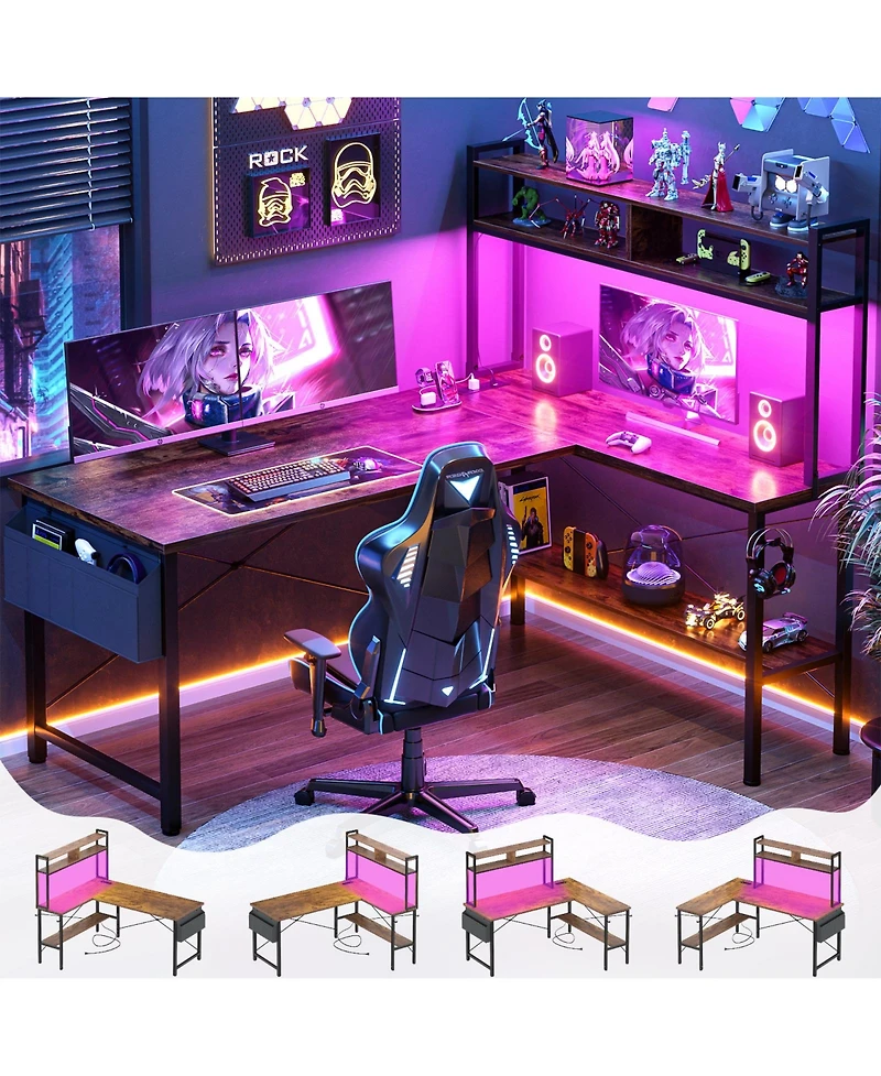 Aheaplus 49'' Reversible L Shaped Gaming Desk with Power Outlet and Led Lights, Corner Hutch & Monitor Stand