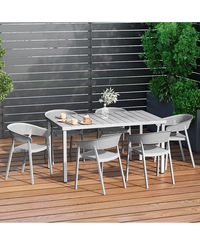 7-Piece Outdoor Metal Rectangle Patio Dining Table Set With Stackable Patio Dining Chairs