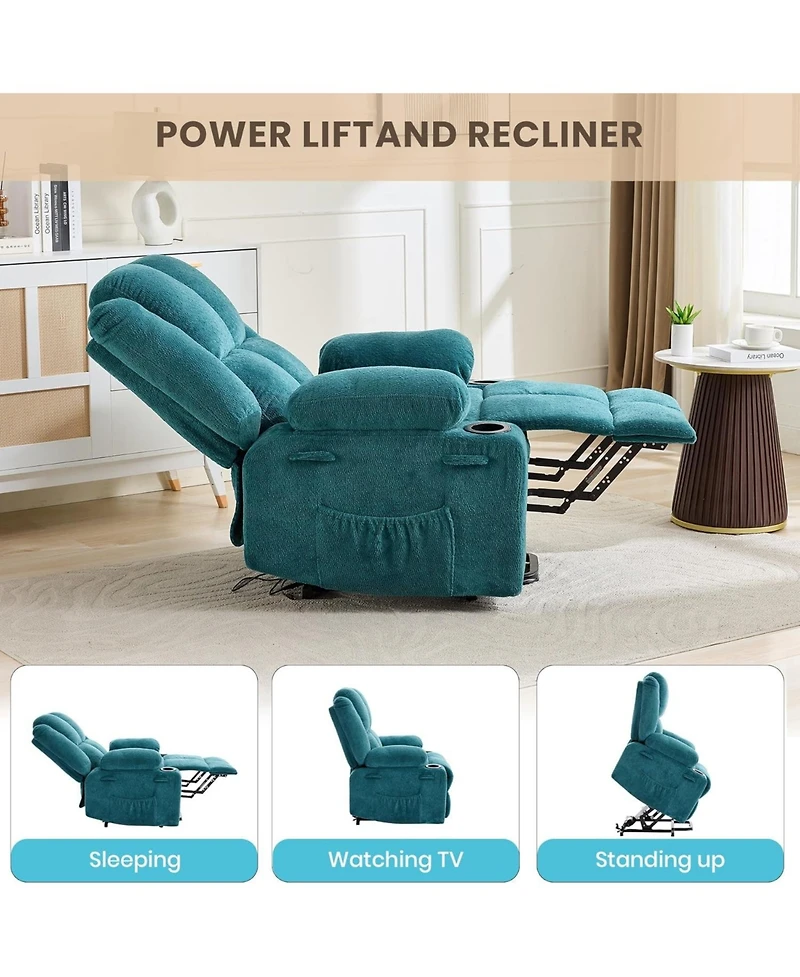homfan Power Lift Recliner for Elderly, Modern Terry Cloth, Heat and Massage, Electric Stand Assist, Cup Holders, Side Pocket, Living Room Seating