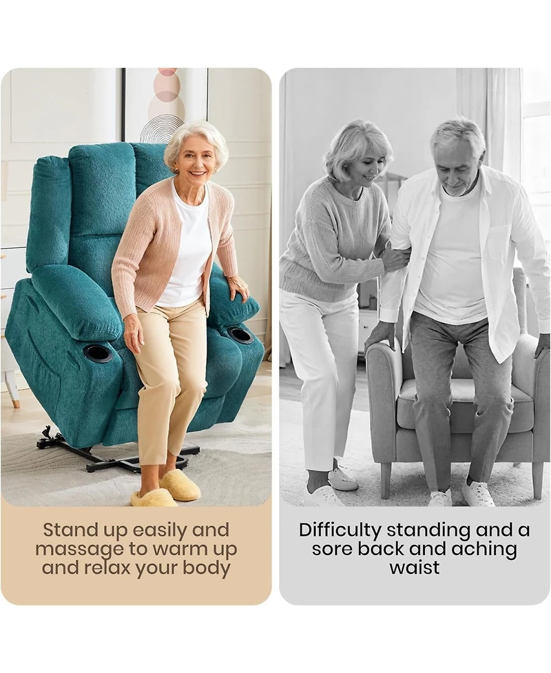 homfan Power Lift Recliner for Elderly, Modern Terry Cloth, Heat and Massage, Electric Stand Assist, Cup Holders, Side Pocket, Living Room Seating