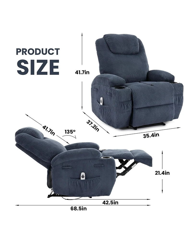 homfan Electric Recliner with Massage and Heat - Upholstered Armchair - Dual Cup Holders and Side Pockets