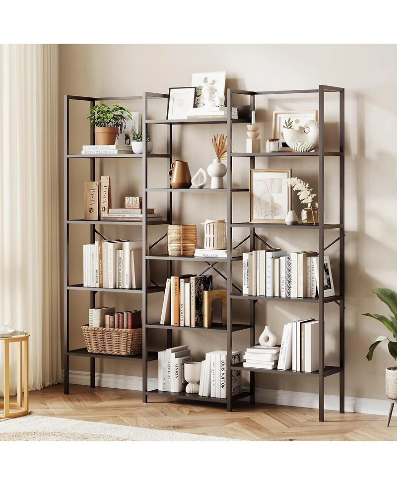 gaomon Triple Column 5-Tier Bookshelf, Rustic Industrial Style Book Shelves
