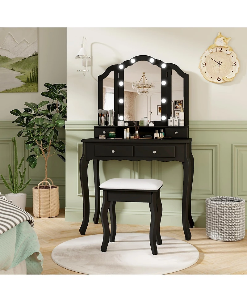Volenca Lighted Makeup Vanity Set with Mirror, Drawers, and Cushioned Stool