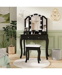 Volenca Lighted Makeup Vanity Set with Mirror, Drawers, and Cushioned Stool
