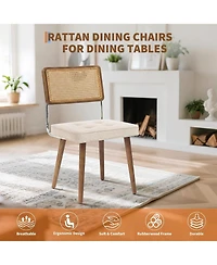 gaomon Rattan Dining Chairs Set of 2, - Linen Upholstered with Woven Cane Back and Wooden Legs, Farmhouse Armless Seat for Kitchen and Restaurant