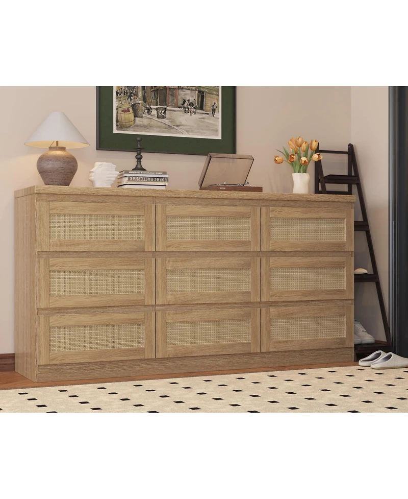 homfan Rattan 9 Drawer Dresser with Charging Station - Farmhouse Wood Chest of Drawers for Bedroom, Living Room