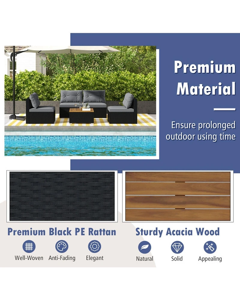 Gouun 5-Piece Pe Rattan Conversation Set with Acacia Wood Table and Cushions