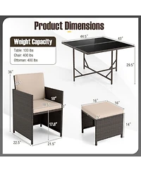 Sugift 9-Piece Rattan Patio Dining Set with Tempered Glass Table and Ottomans