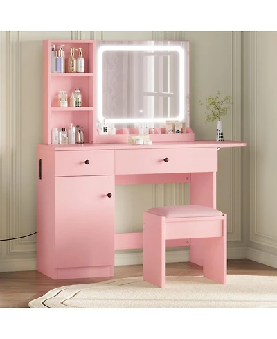 gaomon Vanity Desk with Mirror and Light, Makeup Vanity Table with Charging Station, Large Storage Cabinet and 2 Drawers and 3 Open Shelves