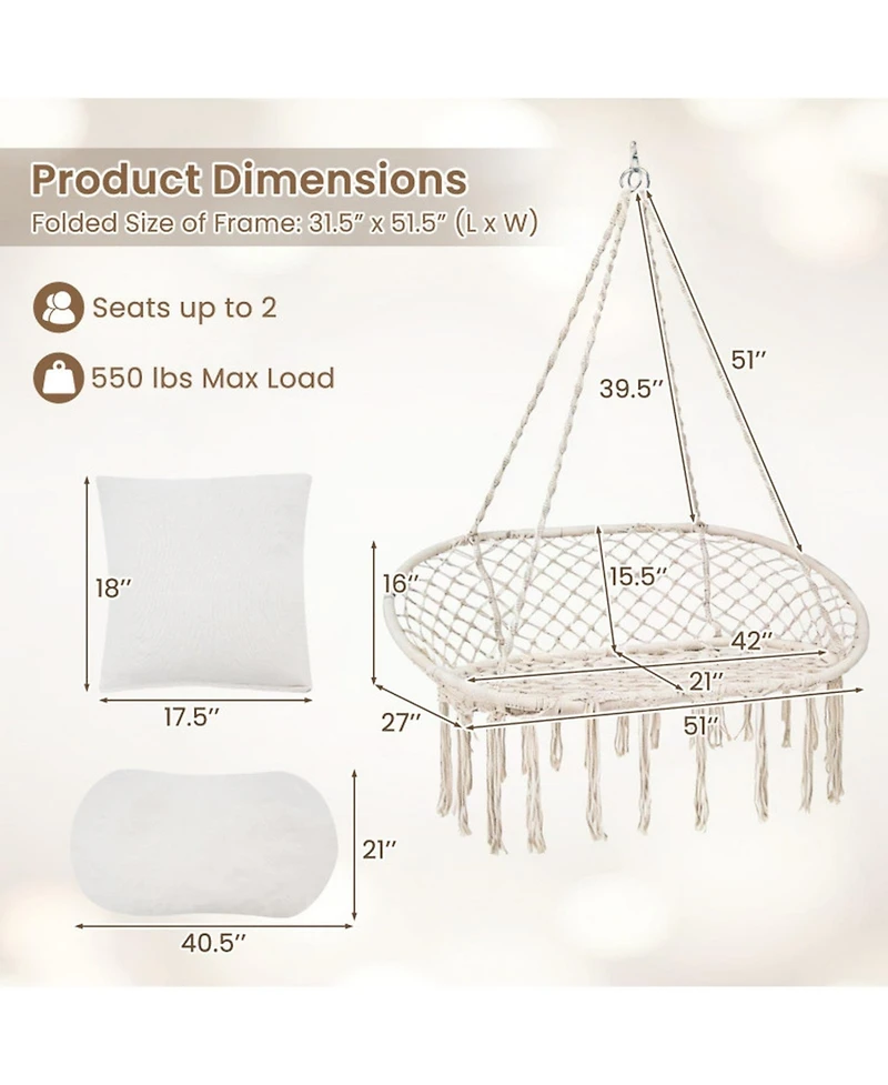 Sugift Double Swing Chair With Cushions Macrame Hanging Hammock Chair for Indoor and Outdoor Use
