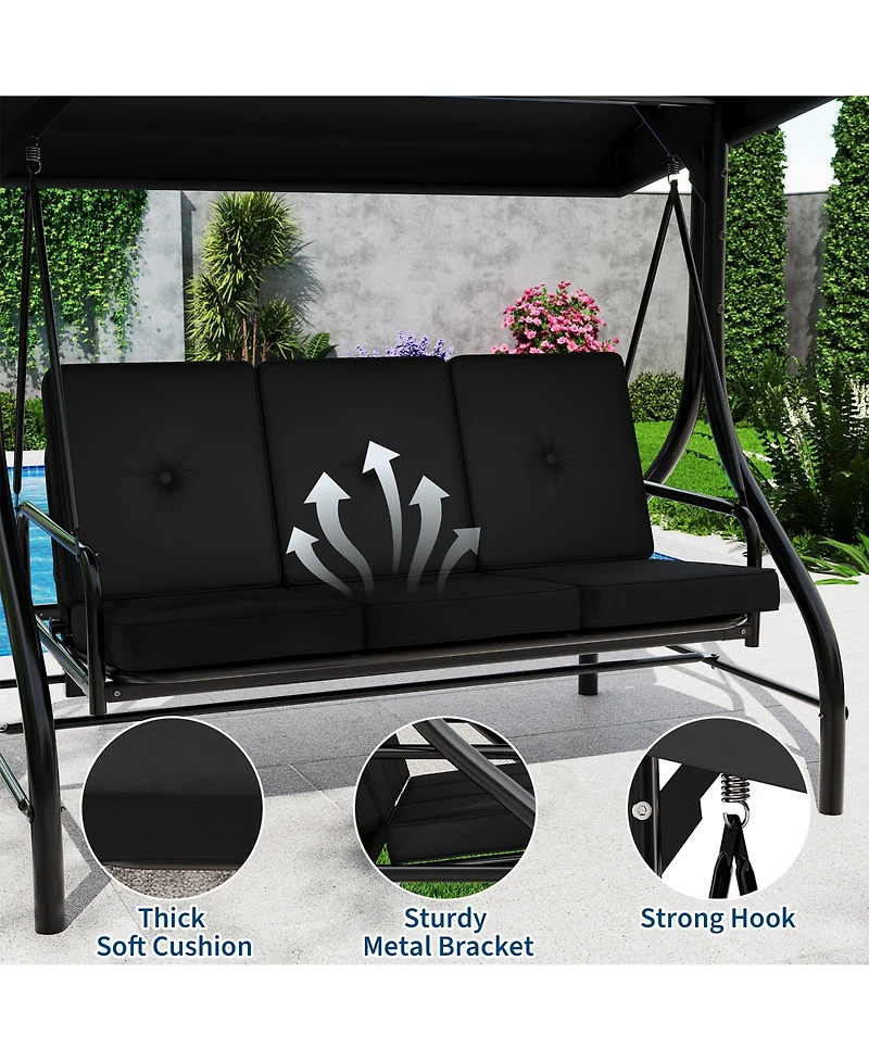 homfan 3-Seater Outdoor Porch Swing with Stand, 2-in-1 Convertible Bed, Thick Cushion, Adjustable Canopy and 800-Lb. Capacity