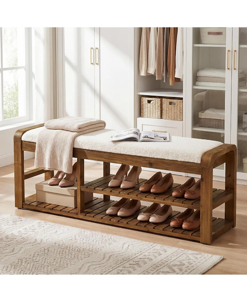 Tribesigns 55" Shoe Storage Bench with Removable Cushion, 2-Tier Farmhouse Solid Wood Entryway Shoe Rack, End of Bed Storage Upholstered Bench