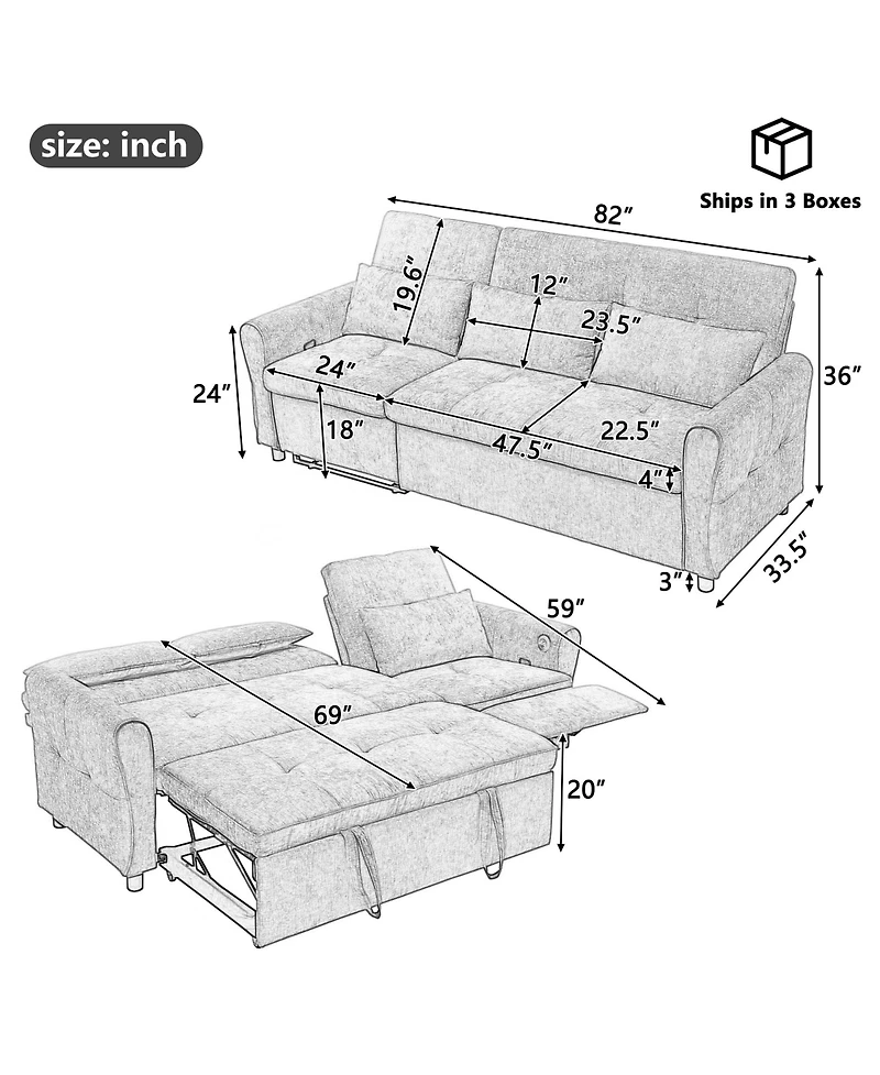 Clihome 2-in-1 Sofa Three-seater Sofa with Sofa Bed and a Reversible Recliner Sofa