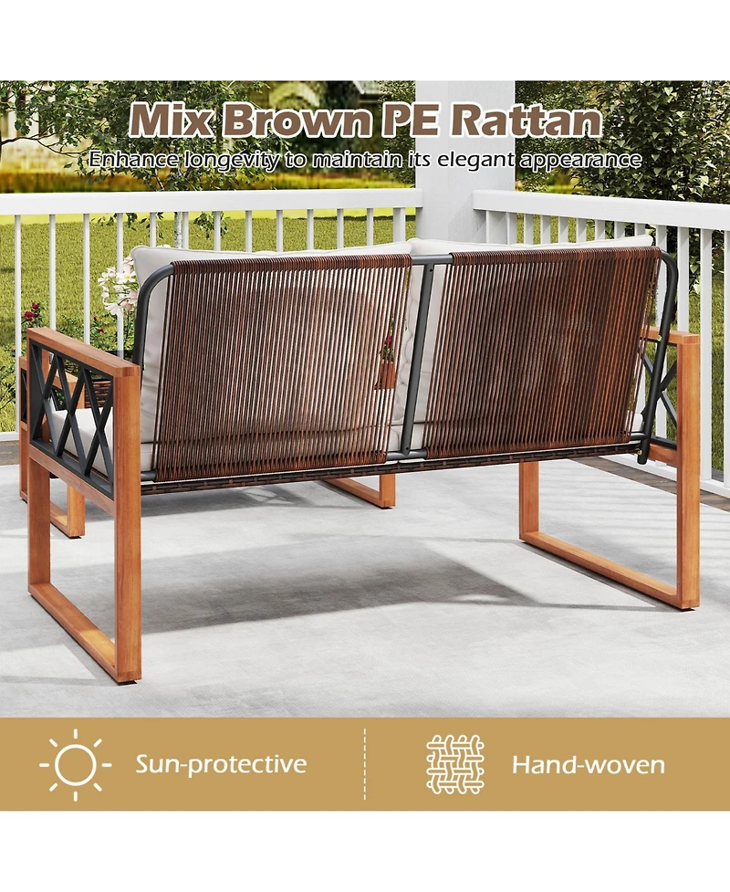 Sugift 2-Piece Acacia Wood and Pe Wicker Patio Loveseat with Coffee Table