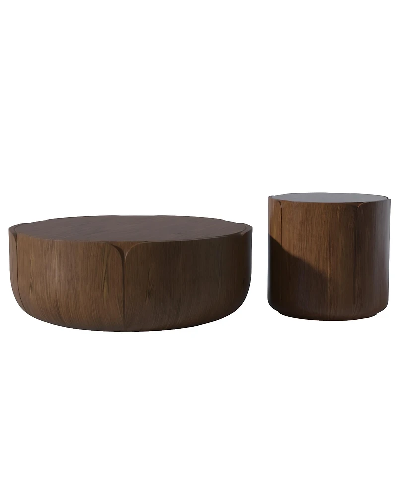 Clihome Round Outdoor Indoor Coffee Table Set, Modern Wood Grain Drum Center of 2