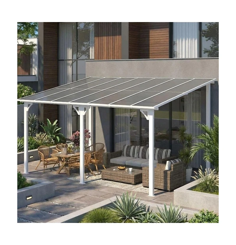 gaomon Hardtop Wall Mounted Gazebo with Gutters and Galvanized Steel Roof, 60MPH Wind Resistance, Lean to Gazebo Pergola with Sloped Roof for Deck