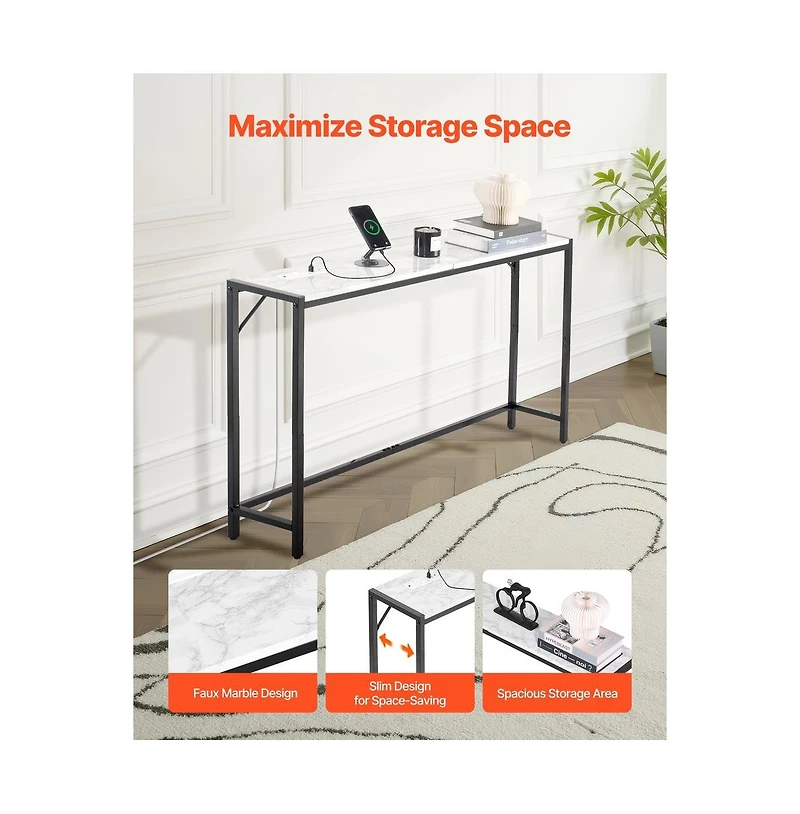 Sugift Marble Console Table Modern Narrow Long with Power Outlet for Hallway