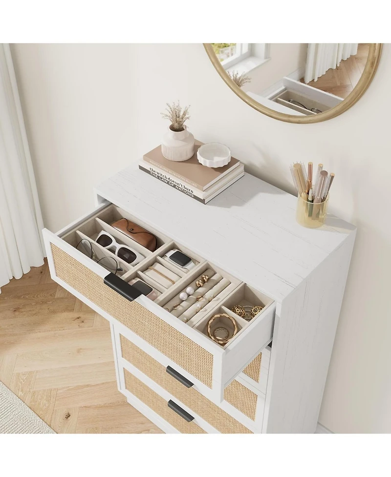 gaomon 5 Drawer Rattan Dresser for Bedroom, Integrated Cabinet Body Legs Design, Wooden Chest of Drawers Hallways, Entryways and Closet
