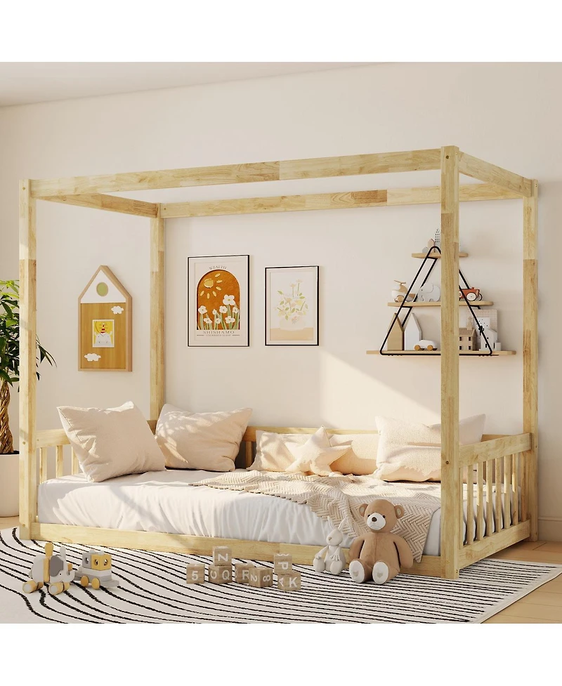 Streamdale Furniture Twin Size Canopy Frame Floor Bed with Fence Guardrails